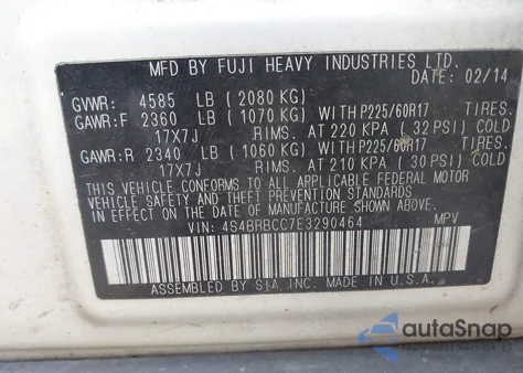 2014 Subaru Outback 2.5I Premium из США, поврежденный, VIN 4S4BRBCC7E3290464